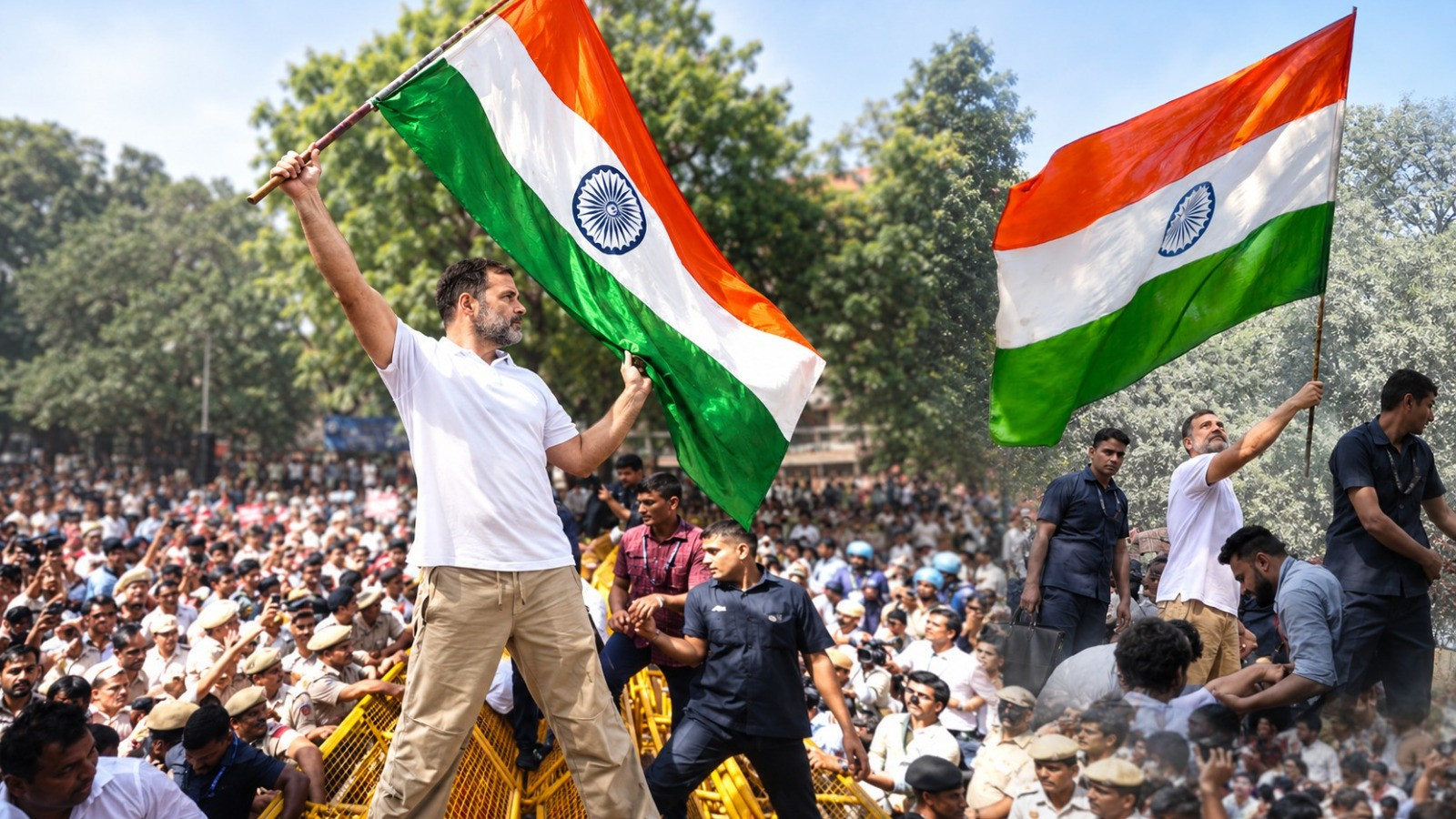 Rahul Gandhi waves the tricolour atop barricade, vows to save democracy